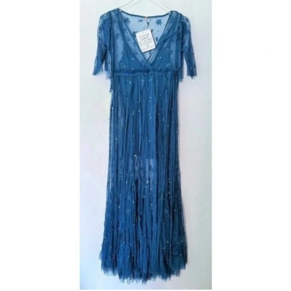 Free People Sheer Embellished Maxi Dress in Deep Blue - Picture 8 of 10